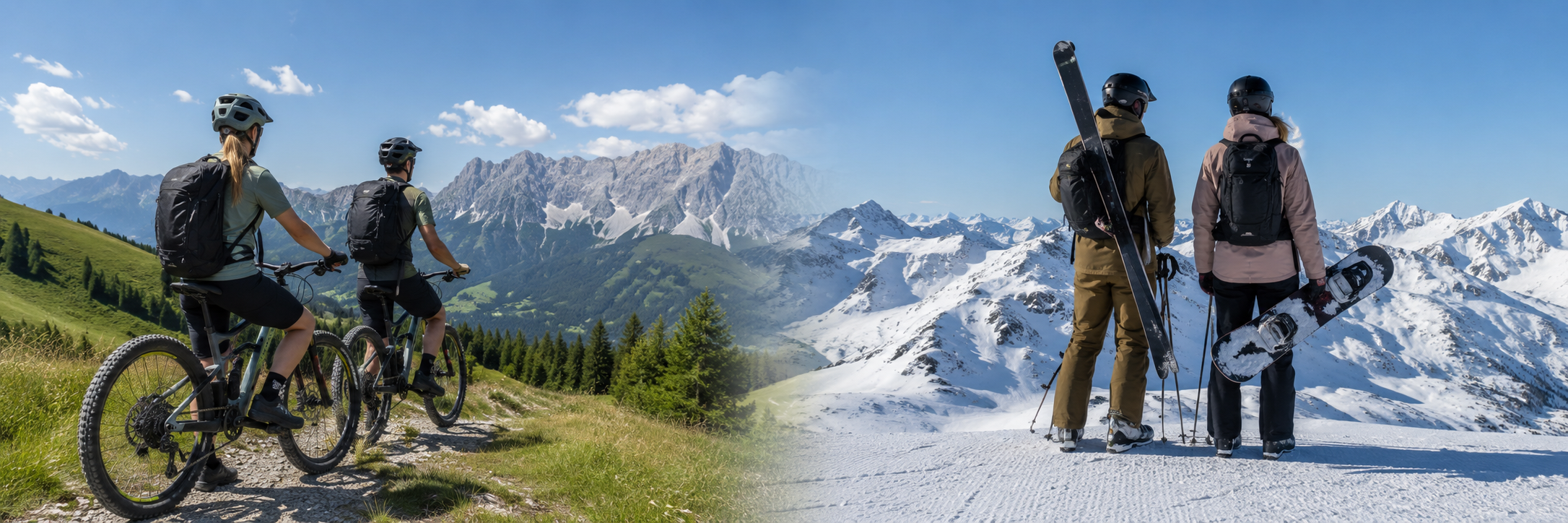 Fahrräder und Wintersport gemeinsam – Sommer- und Wintermotiv der BikeXperts-Website